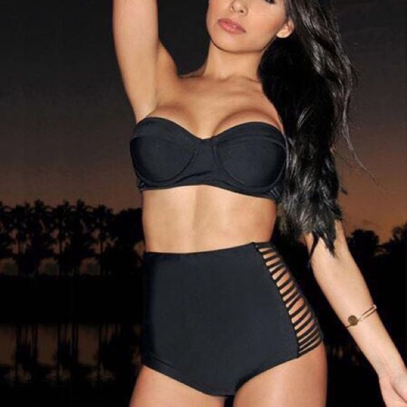 Women's Halter black  Print High Waisted Swimsuit - Picture 2 of 2